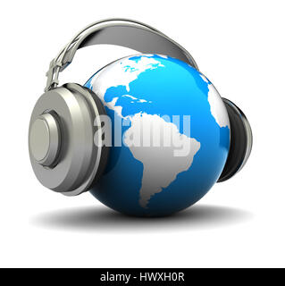 3D Darstellung der Erdkugel mit Kopfhörern, World-Musik-Konzept Stockfoto