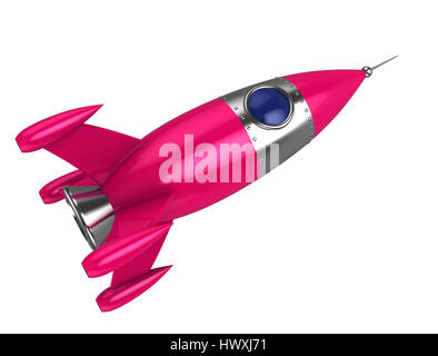 abstrakte 3D-Illustration Spielzeug rosa Rakete, isoliert auf weißem Hintergrund Stockfoto