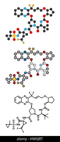 Glecaprevir Hepatitis C Virus Wirkstoffmolekül. Konventionelle Skelettformel und stilisierte Darstellungen. Stock Vektor