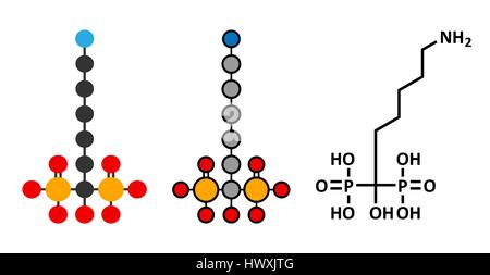 Neridronic Säure Wirkstoffmolekül. Zur Behandlung von Osteogenesis Imperfecta und Morbus Paget des Knochens. Konventionelle Skelettformel und stilisierte r Stock Vektor