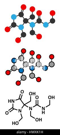 Diazolidinyl Urea antimikrobielle Konservierungsmittel Molekül (Formaldehyd Ausrücker). Stilisierte 2D Renderings und konventionellen Skelettformel. Stock Vektor