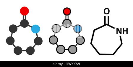 Caprolactam, Building Block aus Nylon-6 (Polycaprolactam) Kunststoff. Stilisierte 2D Renderings und konventionellen Skelettformel. Stock Vektor