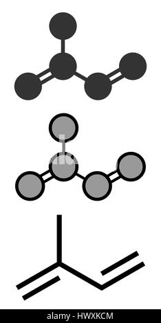 Isopren, Kautschuk (Polyisopren) Baustein (Monomer). Stilisierte 2D Renderings und konventionellen Skelettformel. Stock Vektor