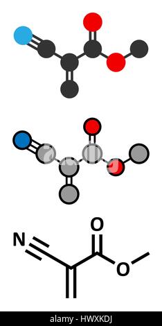 Methyl Cyanacrylat Molekül, der Hauptbestandteil von Cyanacrylat-Klebstoffen (Sekundenkleber). Stilisierte 2D Renderings und konventionellen Skelettformel. Stock Vektor