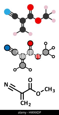 Methyl Cyanacrylat Molekül, der Hauptbestandteil von Cyanacrylat-Klebstoffen (Sekundenkleber). Stilisierte 2D Renderings und konventionellen Skelettformel. Stock Vektor