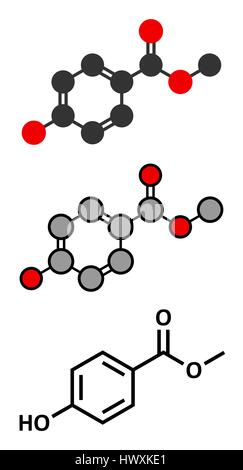 Methyl-Paraben Konservierungsmittel Molekül. Stilisierte 2D Renderings und konventionellen Skelettformel. Stock Vektor