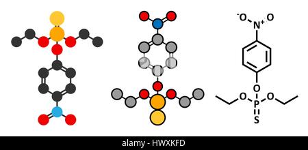 Parathion-Pestizid-Molekül. Phosphororganischen Insektizid, hat auch als chemischer Kampfstoff eingesetzt. Stilisierte 2D Renderings und konventionellen Skelettformel. Stock Vektor