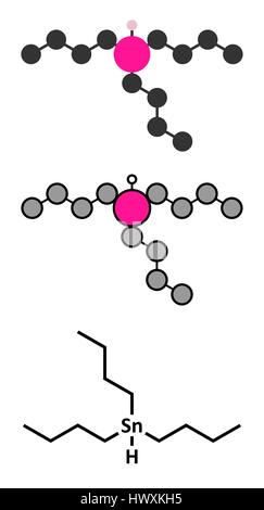 Tributyltin Hydride Molekül. Organozinn-Reagenz in der organischen Synthese verwendet. Stilisierte 2D Renderings und konventionellen Skelettformel. Stock Vektor