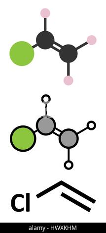 Vinylchlorid (Chloroethene) PVC-Baustein-Molekül. Stilisierte 2D Renderings und konventionellen Skelettformel. Stock Vektor