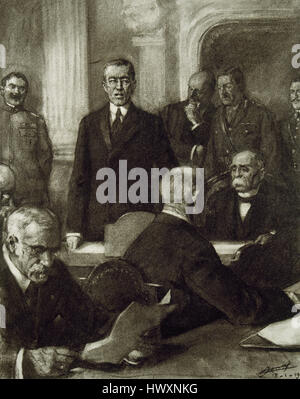 Frankreich. Paris Friedenskonferenz 1919. Der Präsident der Vereinigten Staaten, Thomas Woodrow Wilson (1856-1924) des französischen Ministerpräsidenten, George Clemenceau (1841-1929) als ständige Leiter der Konferenz zu präsentieren. Gravur. "La Ilustracion Francesa". Stockfoto