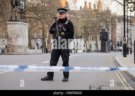 Nach einem Terroranschlag im Palace of Westminster im März 2017 steht in Whitehall ein Wachmann der Metropolitan Police. Stockfoto