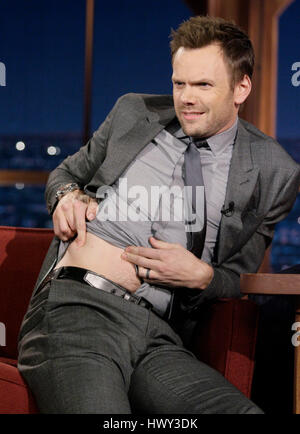 Comic-Joel McHale zeigt seine Bettwanzen gebissen, die er in einem New Yorker Hotel während ein Segment der "The Late Late Show with Craig Ferguson" bekam bei CBS Television City in Los Angeles auf Freitag, 12. Dezember 2008. Foto von Francis Specker Stockfoto