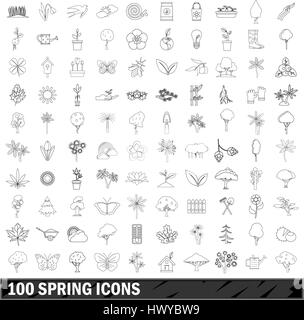 100 Frühling Icons Set, Umriss-Stil Stock Vektor