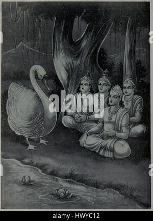 Brahma wird in der hinduistischen Mythologie oft als Schwan in seiner Rolle als Schöpfer des Universums dargestellt. Sadhya, ein Begriff aus derselben Tradition, bezieht sich auf himmlische Wesen oder Gottheiten. Dieses Bild vereint diese beiden symbolischen Figuren, die Weisheit und Schöpfung repräsentieren. Stockfoto