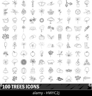 100 Bäume Icons Set, Umriss-Stil Stock Vektor