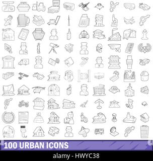 100 städtische Icons Set, Umriss-Stil Stock Vektor