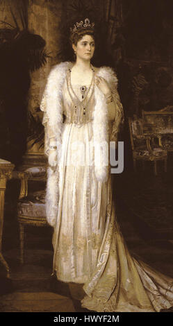 Bodarewski Zarin Alexandra Fjodorowna stellt ein historisches Porträt der russischen Kaiserin Alexandra Fjodorowna dar, das oft in kaiserlicher Kleidung dargestellt wird. Sie war die Ehefrau des Zaren Nikolaus II. Und eine Schlüsselfigur in den letzten Jahren des Russischen Reiches. Stockfoto