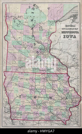 1873 grau grau-Eisenbahn-Karte von Minnesota und Iowa Geographicus MNIA 1873 Stockfoto