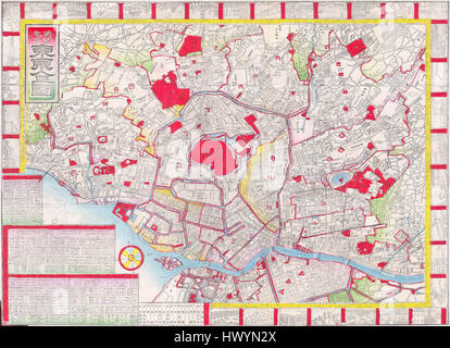 Eine Holzblockkarte von Tokio aus dem Jahr 1880, erstellt während der Meiji-Zeit. Diese Karte bietet einen detaillierten Blick auf Tokio (ehemals Edo) und zeigt das Stadtbild und die Entwicklung der Stadt während einer bedeutenden Zeit der Modernisierung Japans. Stockfoto