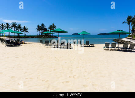 Sonnenschirm Sonnenschirm und Stühlen an einem Strand in Kota Kinabalu, Sabah, Borneo, Malaysia. Stockfoto