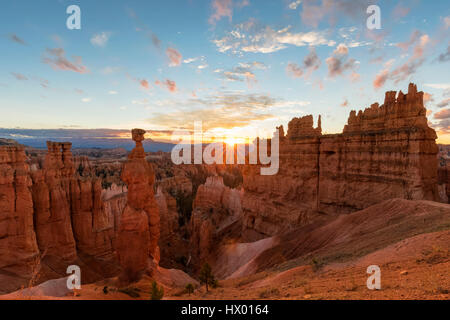 USA, Utah, Bryce-Canyon-Nationalpark, Thors Hammer und andere Hoodoos im Amphitheater bei Sonnenaufgang von Navajo Loop Trail aus gesehen Stockfoto