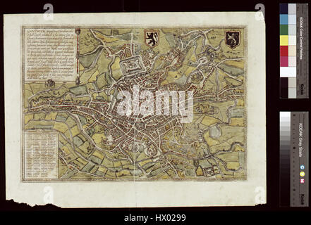 Der Gandavum-Stich von Braun und Hogenberg zeigt die Stadt Gent im 16. Jahrhundert und zeigt ihre Architektur und Grundrisse. Diese detaillierte Karte ist Teil einer Serie deutscher Kartographen. Stockfoto