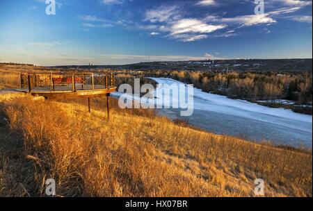 Bowmont Park natürlichen Erholungsgebiet entlang Bow River in Calgary, Alberta Kanada an den Vorbergen der Kanadischen Rocky Mountains im Frühling Stockfoto