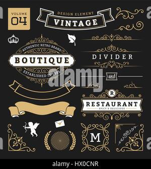 Satz von Retro-Vintage-Grafik-Design-Elementen. Zeichen, Bildbezeichnungen, Bänder, Logos, Symbole, Kronen, gedeihen Linie und Ornamente. Vektor-illustration Stock Vektor