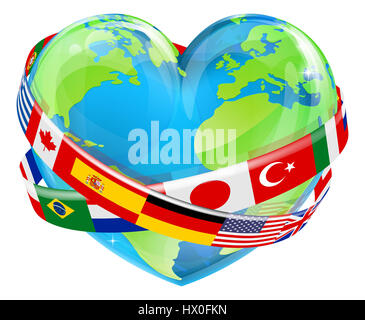 Eine Welt Erdkugel in Form eines Herzens mit Länderflaggen herum, könnte ein Konzept für World Earth Day Stockfoto