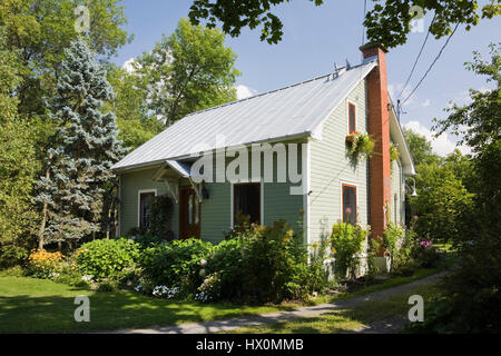 Grün Holz- horizontale Plank cladded 1900 Canadiana altes Haus außen mit angelegten Vorgarten im Sommer. Stockfoto