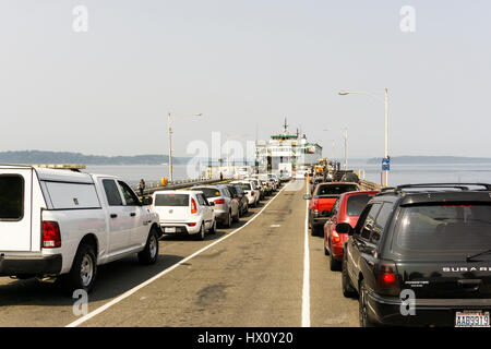 Schlange von Autos zu Fauntleroy in West Seattle wartete an Bord MV Sealth, Puget Sound zu überqueren. Stockfoto