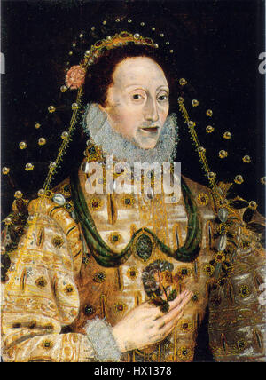 Dieses Porträt von Königin Elisabeth I., das um 1575 von einem unbekannten Künstler geschaffen wurde, fängt die Monarin in den späteren Jahren ihrer Herrschaft ein. Das Bild spiegelt die königliche Kleidung und symbolischen Elemente wider, die mit ihrem Bild während der elisabethanischen Ära verbunden waren. Stockfoto