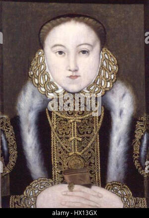Dieses um 1560 entstandene Porträt von Königin Elisabeth I. fängt ihren ikonischen Look in den frühen Jahren ihrer Herrschaft ein und unterstreicht ihren königlichen Einfluss in Tudor England. Stockfoto