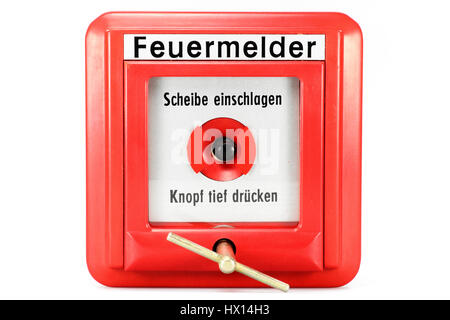 Deutsche Taster Feueralarm isoliert auf weißem Hintergrund Stockfoto