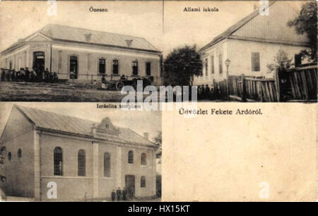 Diese Postkarte mit dem Titel „Chornotysiv (Feketeardo)“ zeigt ein Bild einer Synagoge, die eine visuelle Referenz auf die jüdische Architektur und das religiöse Leben in der Region bietet. Es geht wahrscheinlich auf das frühe 20. Jahrhundert zurück. Stockfoto