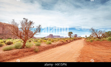 Panoramablick auf einer unbefestigten Straße in das Monument Valley, USA. Stockfoto
