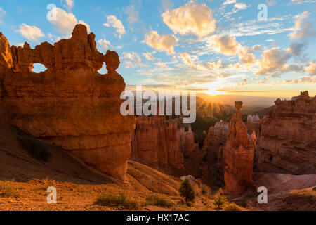 USA, Utah, Bryce-Canyon-Nationalpark, Thors Hammer und andere Hoodoos im Amphitheater bei Sonnenaufgang von Navajo Loop Trail aus gesehen Stockfoto