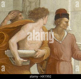 „Diagoras de Melos in Ecoles d'Athenes“ von Raphael stellt einen Moment in der antiken griechischen Geschichte dar, in dem Diagoras von Melos, ein altgriechischer Philosoph, in einer symbolischen akademischen Szene innerhalb der ikonischen „Schule von Athen“ von Raphael dargestellt wird. Das Gemälde verbindet klassische Philosophie mit künstlerischen Techniken der Renaissance. Stockfoto