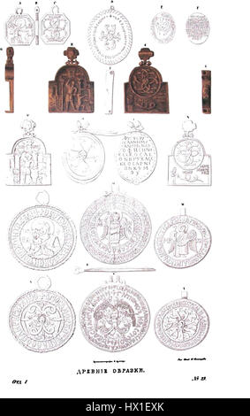 Dieser Titel „Drevnosti RG v1 ill024“ bezieht sich wahrscheinlich auf eine Illustration oder ein Bild aus einer historischen oder archäologischen Publikation, die möglicherweise antike Artefakte oder kulturelle Reliquien aus einer bestimmten Zeit darstellt. Stockfoto