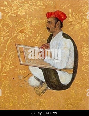 Daulat. Porträt des Bishandas. ca. 1610, Detail der Grenze Beleuchtung der Liste von Golestan Palast Bibliothek, Teheran. Stockfoto