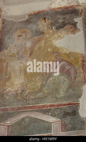 Die Fresken der St. Nikita Kirche in Banjani aus dem 9. Jahrhundert bieten einen bedeutenden Einblick in die byzantinische Kunst. Diese Gemälde spiegeln religiöse Themen, christliche Ikonographie und den frühchristlichen künstlerischen Stil wider und zeigen spirituelle Erzählungen und Hingabe. Stockfoto