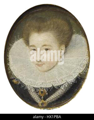 Die „Gabrielle d’Estrées Miniatur“ ist ein berühmtes Porträt von Gabrielle d’Estrées, Geliebte von König Heinrich IV. Von Frankreich, oft mit symbolischen Darstellungen, die ihre Beziehung zum König widerspiegeln. Stockfoto