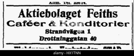 „Feiths Annons“ aus dem Jahr 1914 ist ein schwedisches Werbeplakat, das die Designästhetik des frühen 20. Jahrhunderts zeigt. Das Poster wirbt wahrscheinlich für ein Produkt oder eine Dienstleistung und zeigt die auffälligen Grafiken und den typografischen Stil, der in der frühen modernen Werbung beliebt ist. Stockfoto