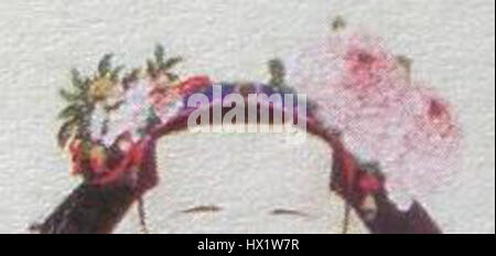 Dieses Kunstwerk zeigt eine Darstellung der Kaiserin Xiao Quan Cheng, die mit Blumen auf ihrem Kopf geschmückt ist. Kaiserin Xiao war eine bemerkenswerte Figur in der chinesischen Geschichte, und die Blumen symbolisieren ihre Eleganz und die Verbindung des kaiserlichen Hofes mit Natur und Schönheit in der chinesischen Kultur. Stockfoto