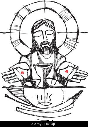 Hand gezeichnet Vektor-Illustration oder Zeichnung von Jesus Christus mit Wein, Brot und Hände zu öffnen Stock Vektor