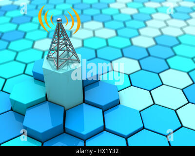 abstrakte 3D-Illustration Sechsecke Netzwerk und Antenne Stockfoto