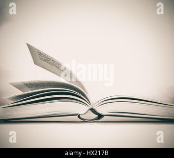 Das geöffnete Buch auf weißem Hintergrund Stockfoto