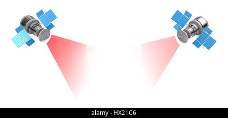 3D Darstellung der beiden Satelliten auf weißem Hintergrund Stockfoto