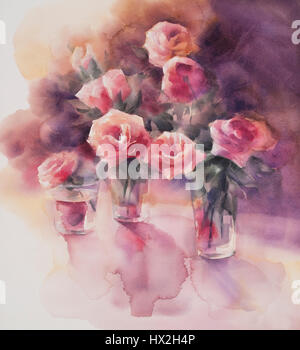 Rote Rosen in das Glas Vasen Aquarell Stillleben. Geburtstagskarte, Valentinstag Stockfoto
