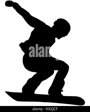 männlicher Athlet Snowboarder springen schwarze silhouette Stockfoto